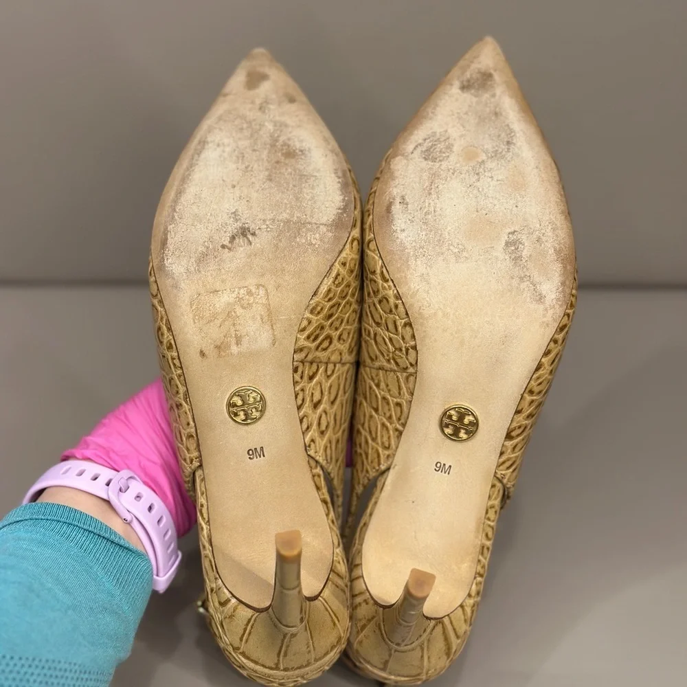 Tory Burch Croc-Embossed Slingback Kitten Heels